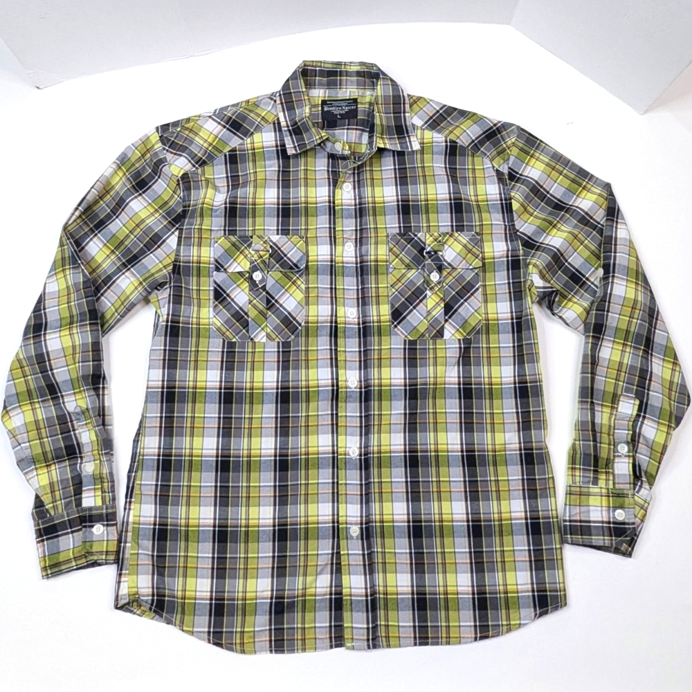 Brooklyn Express Shirt Men's Sz L Yellow Green Black Plaid Long Sleeve Button Up